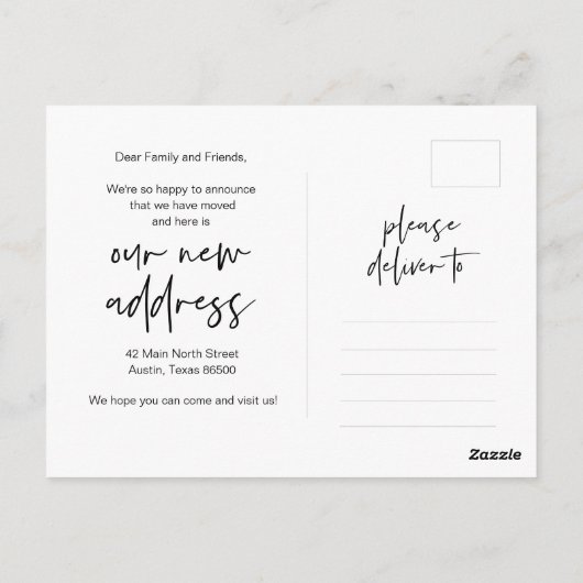 Moderner Minimalist, haben wir verschoben, Ankündi Postkarte (Rückseite)