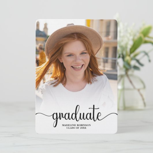 Moderner Minimalistischer 4-Foto-Script-Chic-Absch Einladung (Stehend Vorderseite)