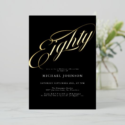 Moderner Minimalistischer 80-er Black Gold Geburts Folieneinladung (Stehend vorne)