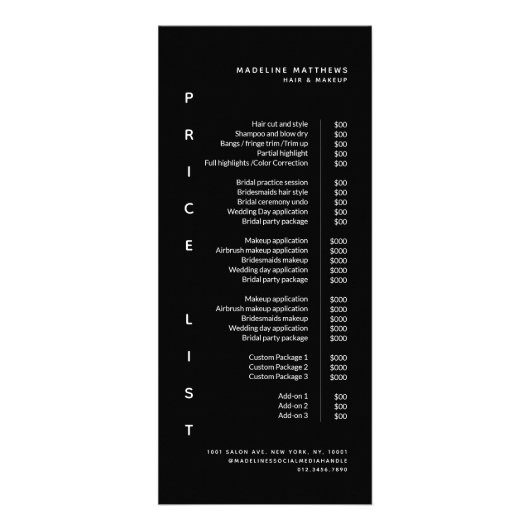 Moderner Minimalistischer Black Salon Preis List S Werbekarte (Vorne)