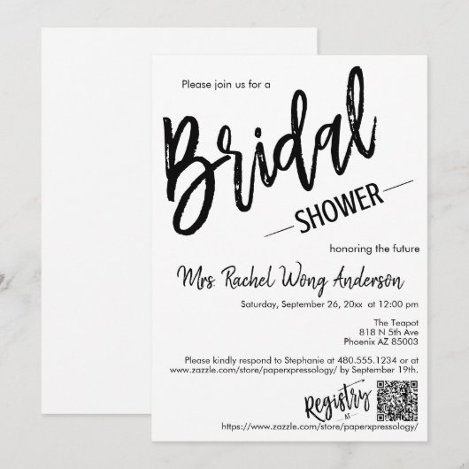 Moderner Minimalistischer Brautparty QR-Code Einladung (Vorne/Hinten)