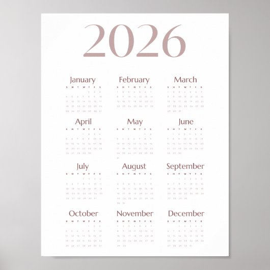 Moderner minimalistischer Einblatt-Kalender 2026 Poster (Vorne)