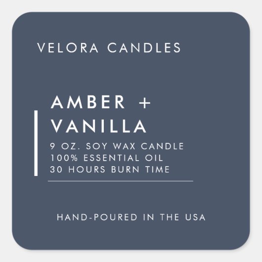 Moderner Minimalistischer Indigo Blue Candle Label Quadratischer Aufkleber (Vorderseite)