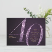 Moderner minimalistischer lila Glitzer 40. Einladung (Stehend Vorderseite)