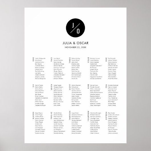 Moderner Minimalistischer Mongram-Hochzeitplan Poster (Vorne)