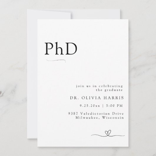 Moderner Minimalistischer PhD-Abschluss Einladung (Vorderseite)