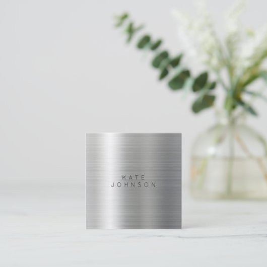 Moderner Minimalistischer QR-Code für Silbermetall Quadratische Visitenkarte (Stehend Vorderseite)