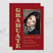 Moderner Minimalistischer Red Gold Foto Abschluss Ankündigung (Vorne/Hinten)