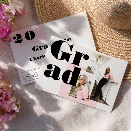 Moderner, minimalistischer Rosa-2-Foto-Abschluss Einladung