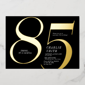 Moderner minimalistischer Schwarz und Gold 85. Geb Folieneinladung