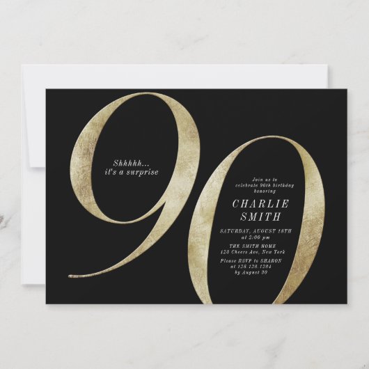 Moderner minimalistischer Schwarz und Gold 90. Geb Einladung (Vorderseite)