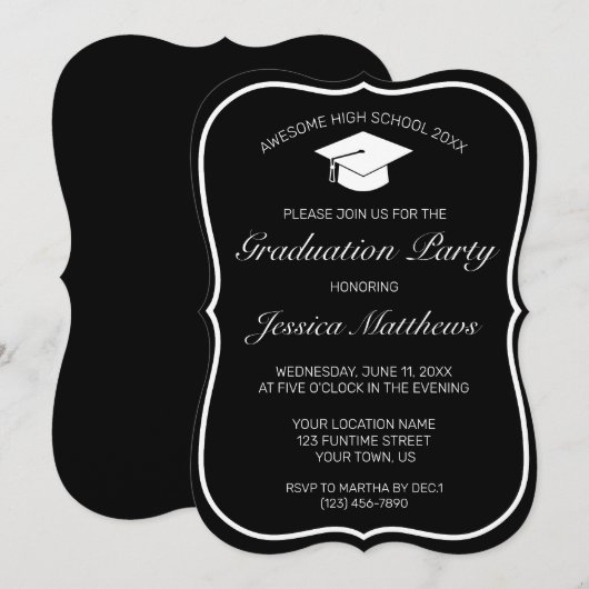 Moderner Minimalistischer Schwarz-weißer Abschluss Einladung (Vorne/Hinten)