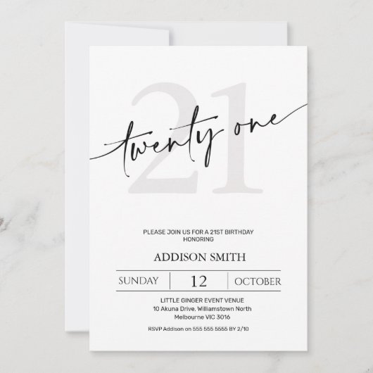 Moderner Minimalistischer Schwarzer Text 21. Gebur Einladung (Vorderseite)