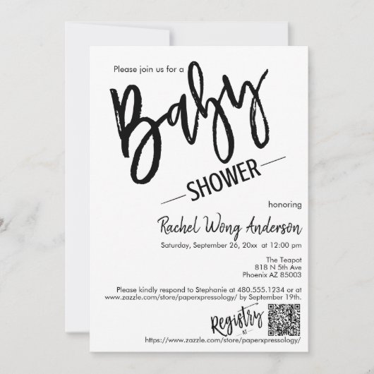 Moderner Minimalistischer Script Baby Dusche QR Co Einladung (Vorderseite)