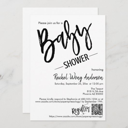 Moderner Minimalistischer Script Baby Dusche QR Co Einladung (Vorne/Hinten)