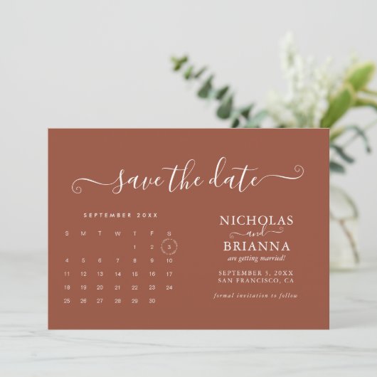 Moderner Minimalistischer Terracotta-Kalender Save The Date (Stehend Vorderseite)