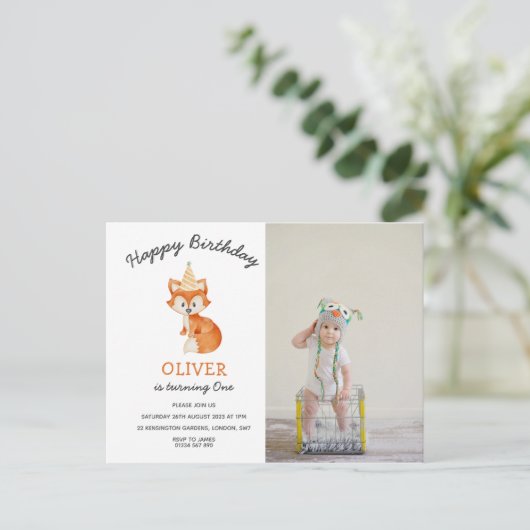 Moderner Minimalistischer Waldfuchs zum ersten Geb Postkarte (Stehend Vorderseite)