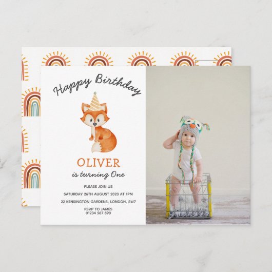 Moderner Minimalistischer Waldfuchs zum ersten Geb Postkarte (Vorne/Hinten)