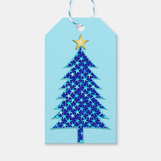 Moderner Minimalistischer Weihnachtsbaum mit blaue Geschenkanhänger (Vorderseite)