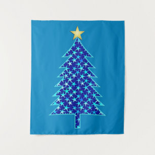 Moderner Minimalistischer Weihnachtsbaum mit blaue Wandteppich