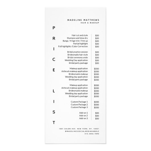 Moderner Minimalistischer Weißsalon-Preislisten-Se Werbekarte (Vorne)