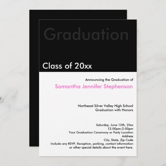 Moderner Minimilast Schwarz-weiß rosa Abschluss Einladung (Vorne/Hinten)