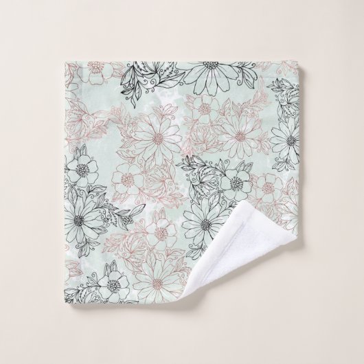 Moderner Minze Schwarze Rose Gold Blumenmarmor Badhandtuch Set (Waschlappen)