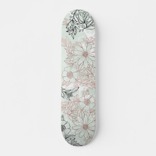 Moderner Minze Schwarze Rose Gold Blumenmarmor Skateboard (Vorne)