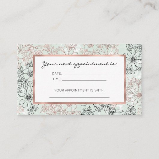 Moderner Minze Schwarze Rose Gold Blumenmarmor Terminkarte (Vorderseite)