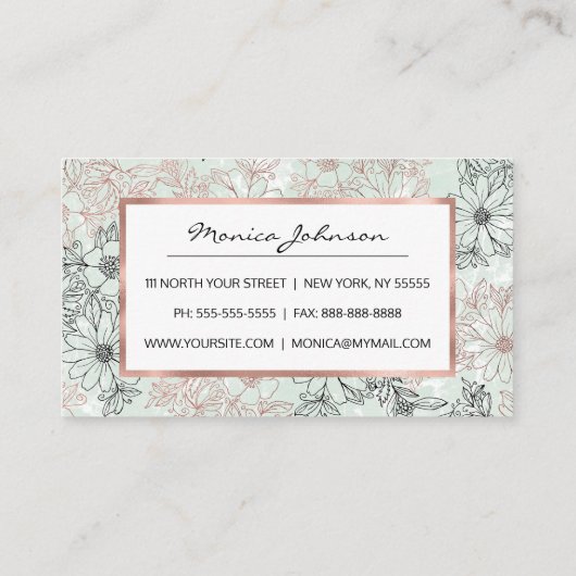 Moderner Minze Schwarze Rose Gold Blumenmarmor Treuekarte (Rückseite)