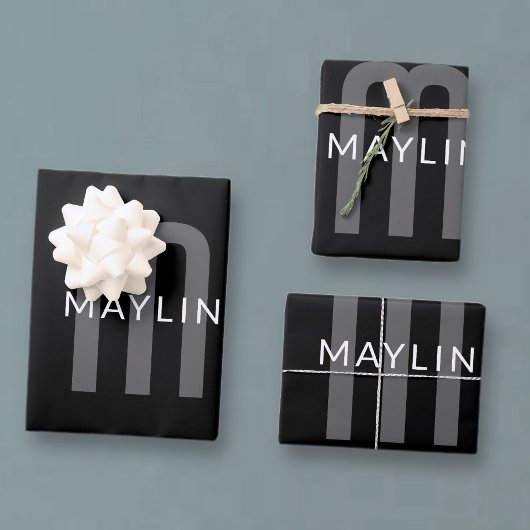 Moderner Mit Monogramm Name | Black Gray White Geschenkpapier Set