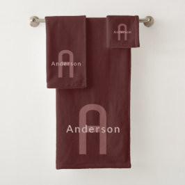Moderner Mit Monogramm Name | Maroon Red Badhandtuch Set