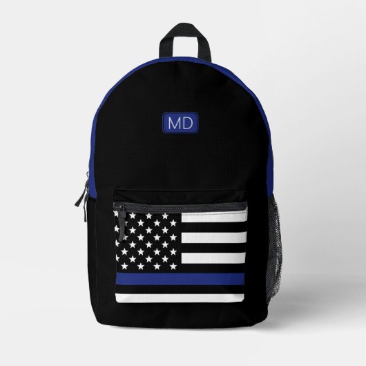 Moderner Mit Monogramm Polizeibeamter Thin Blue Li Bedruckter Rucksack (Vorderseite)