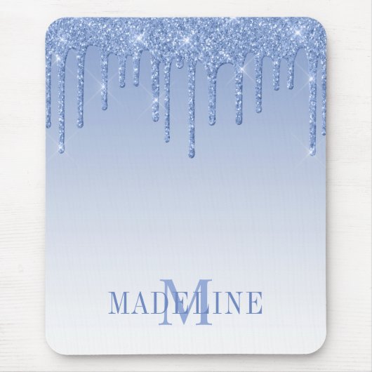 Moderner, moderner Dusty Blue Monogram Glitzer Mousepad (Vorne)