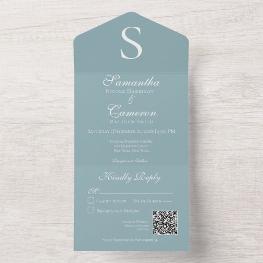 Moderner Monogram Aqua Blue QR Code All In One Einladung (Innen Boden)