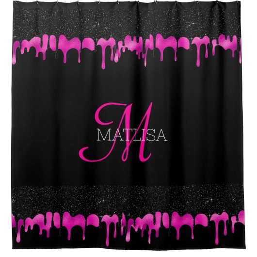 Moderner Monogram Driving Glitzer Schwarz Hot Pink Duschvorhang (Vorderseite)