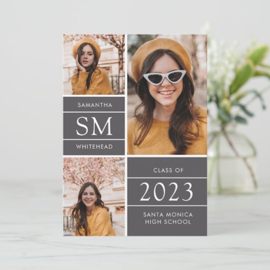 Moderner Monogram Fotolage Grau Abschluss Ankündigung (Stehend Vorderseite)