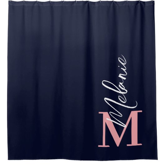 Moderner Monogram Navy Blue Pink Duschvorhang (Vorderseite)