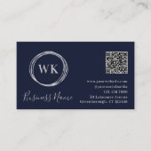 Moderner Monogram Navy Silver QR Code Visitenkarte (Vorderseite)