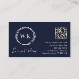 Moderner Monogram Navy Silver QR Code Visitenkarte