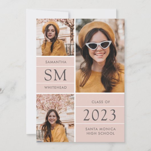 Moderner Monogramm-FotoCollage Blush-Abschluss Ankündigung (Vorderseite)