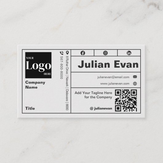 Moderner, muftiger Typografie-Schwarz-Weiß-QR-Code Visitenkarte (Vorderseite)