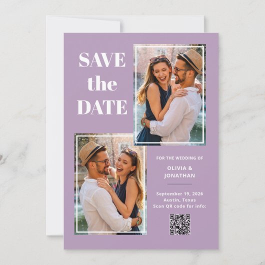 Moderner Multi-Foto-Lavendel | QR-Code Save The Date (Vorderseite)