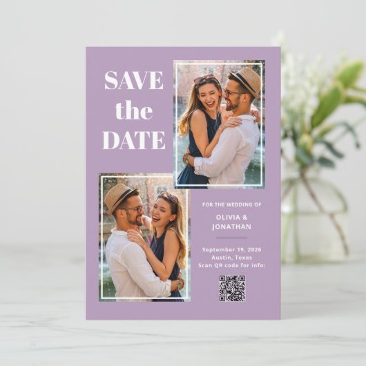 Moderner Multi-Foto-Lavendel | QR-Code Save The Date (Stehend Vorderseite)