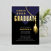 Moderner, mutiger Blue Grad Cap Abschluss Folieneinladung (Stehend vorne)