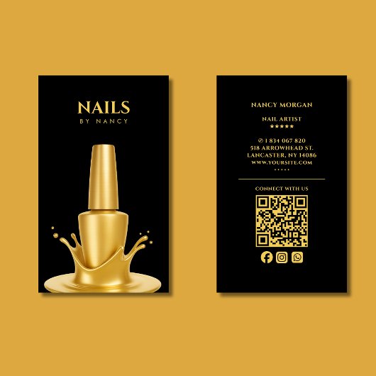 Moderner Nagelsalon QR Code Black and Gold Visitenkarte