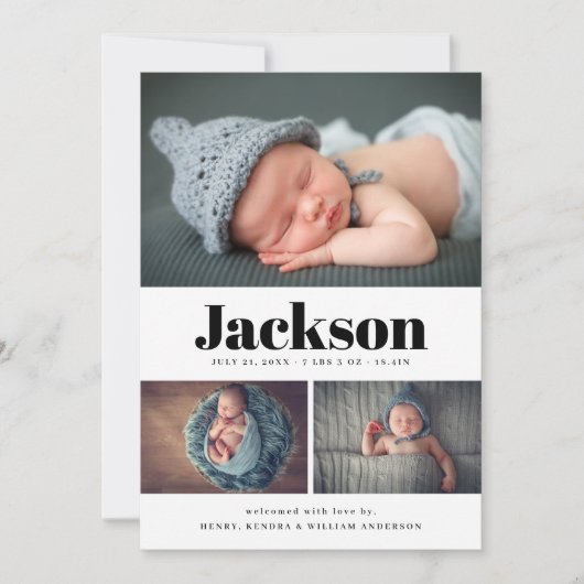 Moderner Name 3 Foto Collage Geburtsankündigung Ankündigung (Vorderseite)