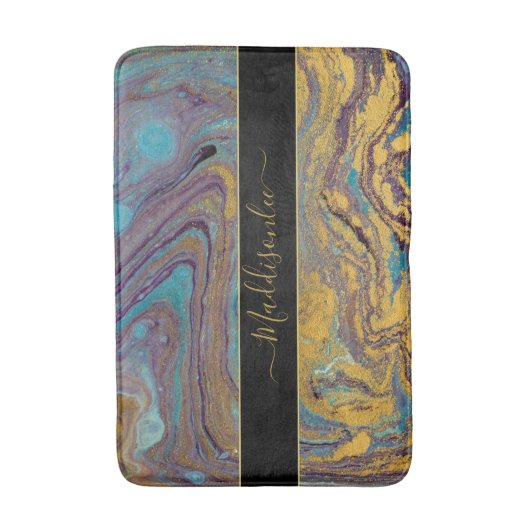 Moderner Name des Aquamarinen Lila Marmormonogramm Badematte (Vorderseite Vertikal)