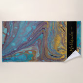 Moderner Name des Aquamarinen Lila Marmormonogramm Strandtuch (Vorderseite)