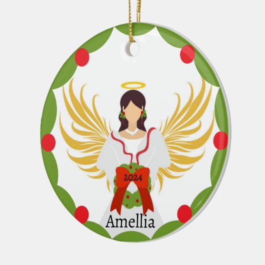 Moderner Name des Heiligen Engels Red Green Holly Keramik Ornament (Links)